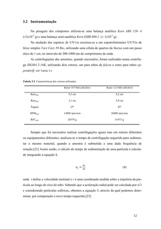 12 
3.2 Instrumentação 
Na pesagem dos compostos utilizou-se uma balança analítica Kern ABS 120- 4 
(±2x10-5 g) e uma balança semi-analítica Kern EMB 600-2 (± 1x10-2 g). 
Na medição dos espetros de UV/vis recorreu-se a um espetrofotómetro UV/Vis de 
feixe simples Vary Cary 50 Bio, utilizando uma célula de quartzo da Starna com um passo 
ótico de 1 cm, no intervalo de 200-1000 nm de comprimento de onda. 
As centrifugações das amostras, quando necessário, foram realizadas numa centrífu-ga 
SIGMA 2-16K, utilizando dois rotores, um para tubos de falcon e outro para tubos ep-pendorff, 
ver Tabela 3-I. 
Tabela 3-I Características dos rotores utilizados. 
Rotor 19776H (SIGMA) Rotor 12154H (SIGMA) 
Raiomáx 9,3 cm 8,2 cm 
Raiomin 3,1 cm 5,0 cm 
Ângulo 25º 45º 
RPMmáx 14000 rpm/min 26000 rpm/min 
RFCmáx 20379 g 61973 g 
Sempre que foi necessário realizar centrifugações iguais mas em rotores diferentes 
ou equipamentos diferentes, analisou-se o tempo de centrifugação requerido para sedimen-tar 
o mesmo material, quando a amostra é submetida a uma dada frequência de 
rotação.[23] Assim sendo, o cálculo do tempo de sedimentação de uma partícula é calcula-do 
integrando a equação 4, 
휈! = !" 
!" (4) 
onde t define a velocidade terminal e r é uma coordenada medida sobre a trajetória da par-tícula 
ao longo do eixo do tubo. Sabendo que a aceleração radial pode ser calculada por ω2r 
e considerando partículas esféricas, obtemos a equação 5, através da qual podemos deter-minar, 
por comparação o novo tempo requerido.[23] 
 