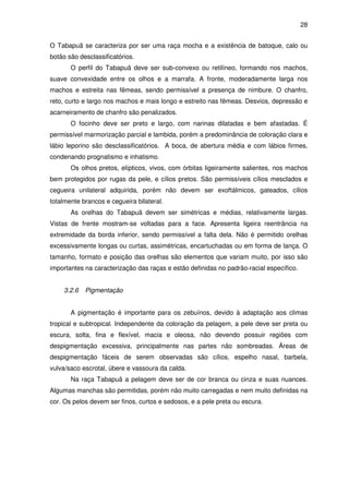 28


O Tabapuã se caracteriza por ser uma raça mocha e a existência de batoque, calo ou
botão são desclassificatórios.
       O perfil do Tabapuã deve ser sub-convexo ou retilíneo, formando nos machos,
suave convexidade entre os olhos e a marrafa. A fronte, moderadamente larga nos
machos e estreita nas fêmeas, sendo permissível a presença de nimbure. O chanfro,
reto, curto e largo nos machos e mais longo e estreito nas fêmeas. Desvios, depressão e
acarneiramento de chanfro são penalizados.
       O focinho deve ser preto e largo, com narinas dilatadas e bem afastadas. É
permissível marmorização parcial e lambida, porém a predominância de coloração clara e
lábio leporino são desclassificatórios. A boca, de abertura média e com lábios firmes,
condenando prognatismo e inhatismo.
       Os olhos pretos, elípticos, vivos, com órbitas ligeiramente salientes, nos machos
bem protegidos por rugas da pele, e cílios pretos. São permissíveis cílios mesclados e
cegueira unilateral adquirida, porém não devem ser exoftálmicos, gateados, cílios
totalmente brancos e cegueira bilateral.
       As orelhas do Tabapuã devem ser simétricas e médias, relativamente largas.
Vistas de frente mostram-se voltadas para a face. Apresenta ligeira reentrância na
extremidade da borda inferior, sendo permissível a falta dela. Não é permitido orelhas
excessivamente longas ou curtas, assimétricas, encartuchadas ou em forma de lança. O
tamanho, formato e posição das orelhas são elementos que variam muito, por isso são
importantes na caracterização das raças e estão definidas no padrão-racial específico.


     3.2.6   Pigmentação


       A pigmentação é importante para os zebuínos, devido à adaptação aos climas
tropical e subtropical. Independente da coloração da pelagem, a pele deve ser preta ou
escura, solta, fina e flexível, macia e oleosa, não devendo possuir regiões com
despigmentação excessiva, principalmente nas partes não sombreadas. Áreas de
despigmentação fáceis de serem observadas são cílios, espelho nasal, barbela,
vulva/saco escrotal, úbere e vassoura da calda.
       Na raça Tabapuã a pelagem deve ser de cor branca ou cinza e suas nuances.
Algumas manchas são permitidas, porém não muito carregadas e nem muito definidas na
cor. Os pelos devem ser finos, curtos e sedosos, e a pele preta ou escura.
 