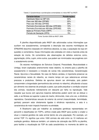 30


           Tabela 2: Características e ponderações contempladas no índice MGT da ANCP.

               Características                          Ponderações
               Habilidade Maternal (MP120)                  20%
               Peso aos 365 dias (DP365)                    20%
               Peso aos 450 dias (DP450)                    20%
               Perímetro Escrotal aos 365 dias (DPE365)     10%
               Perímetro Escrotal aos 450 dias (DPE450)     10%
               Idade ao Primeiro Parto (DIPP)               15%
               Período de Gestação (DPG)                     5%
                               Fonte: Sumário 2009 da ANCP, 2009.



       À planilha disponibilizada pela ANCP são adicionadas outras informações que
auxiliam nos acasalamentos, corresponde à descrição dos escores morfológicos de
EPMURAS descritivo (baseado em referência absoluta, ou seja, a população da raça em
questão) e comentários. Essas informações são coletadas em visita a fazenda antes da
estação de monta. Os comentários são observações de defeitos externos como,
pigmentação, chifre, cupim, entre outros, que podem ser minimizados nas progênies com
o acasalamento correto.
       Os escores morfológicos de Estrutura Corporal, Precocidade, Musculosidade e
Umbigo, foram explicados anteriormente neste relatório, no entanto para a planilha de
acasalamento é necessário a inclusão de outras três características, Caracterização
Racial, Aprumos e Sexualidade. No caso do Nelore Jandaia, é importante preservar as
características raciais do rebanho, ao mesmo tempo em que seleciona-se animais
precoces e produtivos. Defeitos de aprumos devem ser eliminados, pois podem
comprometer a longevidade (permanência dos animais no rebanho), dificultando a busca
por alimento nos sistemas de produção a pasto, que pode prejudicar a condição corporal
dos animais, resultando indiretamente em descarte por falha na reprodução. Vale
ressaltar que touros com aprumos traseiros deficientes podem sentir dor ao efetuar o
salto, e as fêmeas ao suportar o peso do macho, diminuindo, mais uma vez, a eficiência
reprodutiva. Características sexuais do exterior do animal (masculinidade, feminilidade,
genitais) parecem estar diretamente ligadas à eficiência reprodutiva, e esta é a
característica de maior impacto financeiro na atividade.
       A Brasilcomz opta por trabalhar as avaliações genéticas representadas em
percentil e classificadas em TOP%, artifício criado pela ANCP para auxiliar o criador a
situar o material genético de cada animal dentro de uma população. Por exemplo, um
animal TOP 1% significa que entre 1000 animais ele está entre os 10 melhores em
avaliação genética. Adota-se também, um sistema de coloração das DEPs na planilha,
para facilitar a visualização do TOP de cada característica no momento de definir os
 