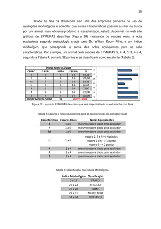 35


       Devido ao fato da Brasilcomz ser uma das empresas pioneiras no uso de
avaliações morfológicas e acreditar que essas características possam auxiliar na busca
por um animal mais eficiente/produtivo e caracterizado, estará disponível no web site
gráficos de EPMURAS descritivo (Figura 20) mostrando os escores reais, a nota
equivalente segundo metodologia criada pelo Dr. William Koury Filho, e um índice
morfológico, que corresponde a soma das notas equivalentes para as sete
características. Por exemplo, um animal com escores de EPMURAS 5, 4, 4, 3, 3, 4 e 4,
segundo a Tabela 4, somaria 32 pontos e se classificaria como excelente (Tabela 5).


                   ÍNDICE MORFOLÓGICO
                                                              E
   CARAC.     E. REAL       NOTA    ESCALA      %
      E           5           5       1-6     83,33           P
      P           6           6       1-6     100,00         M
     M            5           5       1-6     83,33
                                                              U
      U           3           4       1-6     66,67
      R           3           3       1-4     75,00           R
      A           4           4       1-4     100,00          A
      S           4           4       1-4     100,00          S
   ÍNDICE MORFOLÓGICO        31        MUITO BOM
      Figura 20: Layout do EPMURAS descritivo que será disponibilizado no web site Boi com Bula



           Tabela 4: Escores e notas equivalentes para as características de avaliação visual.

              Característica Escores Reais        Notas Equivalentes
                    E            1a6       mesmo escore dado pelo avaliador
                    P            1a6       mesmo escore dado pelo avaliador
                   M             1a6       mesmo escore dado pelo avaliador
                                                    escore 2, 3 e 4 --> 4 pontos;
                     U              1a6              escore 1 e 6 --> 1 ponto;
                                                       escore 5 --> 2 pontos
                     R               1a4        mesmo escore dado pelo avaliador
                     A               1a4        mesmo escore dado pelo avaliador
                     S               1a4        mesmo escore dado pelo avaliador



                           Tabela 5: Classificação dos Índices Morfológicos.

                                 Índice Morfológico Classificação
                                        0 a 19         FRACO
                                       20 a 24        REGULAR
                                       25 a 28          BOM
                                       29 a 31      MUITO BOM
                                       32 a 34       EXCELENTE
 