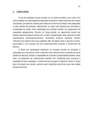 37


5    CONCLUSÕES


       O uso de avaliações visuais consiste em um sistema simples e sem custo, com
alta correlação com precocidade de deposição de gordura e desenvolvimento de massas
musculares, que pode ser utilizada para selecionar animais com biotipos mais adequados
a cada sistema de produção, selecionando um gado mais eficiente que aumentará a
lucratividade do criador. Essa metodologia tem auxiliado também nos julgamentos em
exposições agropecuárias. Durante um longo período, os julgamentos tiveram por
objetivo selecionar apenas animais com a melhor caracterização racial, deixando de lado
características   produtivas/econômicas.   Atualmente   busca-se   identificar   também
indivíduos que passem para suas progênies além de beleza racial e aprumos corretos,
precocidade e uma carcaça com bom desenvolvimento muscular e revestimento de
gordura.
       O Brasil tem participação expressiva no mercado mundial em produção e
exportação de carne bovina, tendo o segundo maior rebanho bovino composto por cerca
de 80% de zebuínos. Devido a necessidade de aumentar a produtividade brasileira nesse
setor, os programas de melhoramento genético têm contribuído para aumentar a
qualidade da carne exportada, o rendimento das carcaças no frigorífico, reduzir o tempo
para terminação dos animais, gerando assim benefícios econômicos para toda cadeia
produtiva da carne.
 