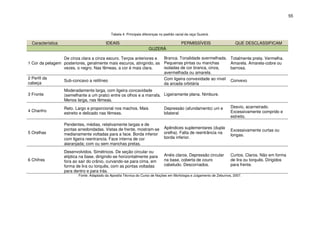 55



                                             Tabela 4: Principais diferenças no padrão racial da raça Guzerá.

  Característica                          IDEAIS                                          PERMISSÍVEIS                    QUE DESCLASSIFICAM
                                                                     GUZERÁ

                 De cinza clara a cinza escuro. Terços anteriores e  Branca. Tonalidade avermelhada.                   Totalmente preta. Vermelha.
1 Cor da pelagem posteriores, geralmente mais escuros, atingindo, as Pequenas pintas ou manchas                        Amarela. Amarela-cobre ou
                 vezes, o negro. Nas fêmeas, a cor é mais clara.     isoladas de cor branca, cinza,                    barrosa.
                                                                     avermelhada ou amarela.
2 Perfil da                                                          Com ligeira convexidade ao nível
                 Sub-concavo a retilíneo                                                                               Convexo
cabeça                                                               da arcada orbitária
                   Moderadamente larga, com ligeira concavidade
3 Fronte           (semelhante a um prato) entre os olhos e a marrafa. Ligeiramente plana. Nimbure.
                   Menos larga, nas fêmeas.
                   Reto. Largo e proporcional nos machos. Mais                 Depressão (afundamento) uni e           Desvio, acarneirado.
4 Chanfro                                                                                                              Excessivamente comprido e
                   estreito e delicado nas fêmeas.                             bilateral
                                                                                                                       estreito.
                   Pendentes, médias, relativamente largas e de
                   pontas arredondadas. Vistas de frente, mostram-se           Apêndices suplementares (dupla
                                                                                                                       Excessivamente curtas ou
5 Orelhas          medianamente voltadas para a face. Borda inferior           orelha). Falta de reentrância na
                                                                                                                       longas.
                   com ligeira reentrancia. Face interna de cor                borda inferior.
                   alaranjada; com ou sem manchas pretas.
                   Desenvolvidos. Simétricos. De seção circular ou
                   elíptica na base, dirigindo-se horizontalmente para         Anéis claros. Depressão circular        Curtos. Claros. Não em forma
6 Chifres          fora ao sair do crânio, curvando-se para cima, em           na base, coberta de couro               de lira ou torquês. Dirigidos
                   forma de lira ou torquês, com as pontas voltadas            cabeludo. Descornados.                  para frente.
                   para dentro e para trás.
                          Fonte: Adaptado da Apostila Técnica do Curso de Noções em Morfologia e Julgamento de Zebuínos, 2007.
 