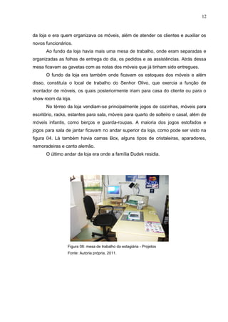 da loja e era quem organizava os móveis, além de atender os clientes e auxiliar os
novos funcionários.
Ao fundo da loja havia mais uma mesa de trabalho, onde eram separadas e
organizadas as folhas de entrega do dia, os pedidos e as assistências. Atrás dessa
mesa ficavam as gavetas com as notas dos móveis que já tinham sido entregues.
O fundo da loja era também onde ficavam os estoques dos móveis e além
disso, constituía o local de trabalho do Senhor Olivo, que exercia a função de
montador de móveis, os quais posteriormente iriam para casa do cliente ou para o
show room da loja.
No térreo da loja vendiam-se principalmente jogos de cozinhas, móveis para
escritório, racks, estantes para sala, móveis para quarto de solteiro e casal, além de
móveis infantis, como berços e guarda-roupas. A maioria dos jogos estofados e
jogos para sala de jantar ficavam no andar superior da loja, como pode ser visto na
figura 04. Lá também havia camas Box, alguns tipos de cristaleiras, aparadores,
namoradeiras e canto alemão.
O último andar da loja era onde a família Dudek residia.
Figura 08: mesa de trabalho da estagiária - Projetos
Fonte: Autoria própria, 2011.
12
 