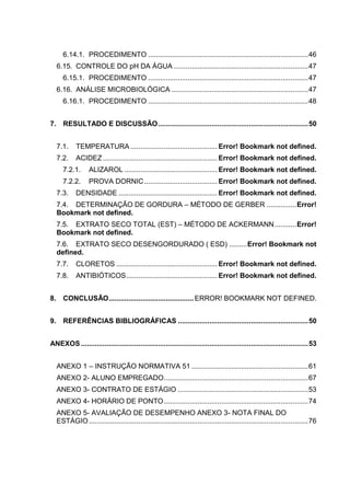 6.14.1. PROCEDIMENTO ................................................................................. 46
6.15. CONTROLE DO pH DA ÁGUA .................................................................... 47
6.15.1. PROCEDIMENTO ................................................................................. 47
6.16. ANÁLISE MICROBIOLÓGICA ..................................................................... 47
6.16.1. PROCEDIMENTO ................................................................................. 48
7. RESULTADO E DISCUSSÃO ............................................................................ 50
7.1.

TEMPERATURA ............................................ Error! Bookmark not defined.

7.2.

ACIDEZ .......................................................... Error! Bookmark not defined.

7.2.1.

ALIZAROL ............................................... Error! Bookmark not defined.

7.2.2.

PROVA DORNIC ..................................... Error! Bookmark not defined.

7.3.

DENSIDADE .................................................. Error! Bookmark not defined.

7.4. DETERMINAÇÃO DE GORDURA – MÉTODO DE GERBER ............... Error!
Bookmark not defined.
7.5. EXTRATO SECO TOTAL (EST) – MÉTODO DE ACKERMANN ........... Error!
Bookmark not defined.
7.6. EXTRATO SECO DESENGORDURADO ( ESD) ......... Error! Bookmark not
defined.
7.7.

CLORETOS ................................................... Error! Bookmark not defined.

7.8.

ANTIBIÓTICOS .............................................. Error! Bookmark not defined.

8. CONCLUSÃO ........................................... ERROR! BOOKMARK NOT DEFINED.
9. REFERÊNCIAS BIBLIOGRÁFICAS .................................................................. 50
ANEXOS ................................................................................................................... 53
ANEXO 1 – INSTRUÇÃO NORMATIVA 51 ........................................................... 61
ANEXO 2- ALUNO EMPREGADO ......................................................................... 67
ANEXO 3- CONTRATO DE ESTÁGIO .................................................................. 53
ANEXO 4- HORÁRIO DE PONTO ......................................................................... 74
ANEXO 5- AVALIAÇÃO DE DESEMPENHO ANEXO 3- NOTA FINAL DO
ESTÁGIO ............................................................................................................... 76

10

 