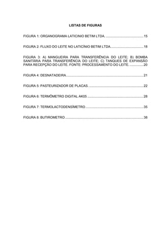 LISTAS DE FIGURAS
FIGURA 1: ORGANOGRAMA LATICINIO BETIM LTDA. ......................................... 15
FIGURA 2: FLUXO DO LEITE NO LATICÍNIO BETIM LTDA. ................................... 18
FIGURA 3: A) MANGUEIRA PARA TRANSFERÊNCIA DO LEITE; B) BOMBA
SANITÁRIA PARA TRANSFERÊNCIA DO LEITE; C) TANQUES DE EXPANSÃO
PARA RECEPÇÃO DO LEITE. FONTE: PROCESSAMENTO DO LEITE. ............... 20
FIGURA 4: DESNATADEIRA. ................................................................................... 21
FIGURA 5: PASTEURIZADOR DE PLACAS. ........................................................... 22
FIGURA 6: TERMÔMETRO DIGITAL AK05 ............................................................. 28
FIGURA 7: TERMOLACTODENSÍMETRO ............................................................... 35
FIGURA 8: BUTIROMETRO ..................................................................................... 38

6

 