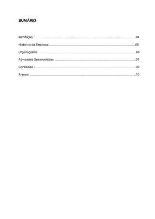 SUMÁRIO
Introdução ......................................................................................................................04
Histórico da Empresa ....................................................................................................05
Organograma .................................................................................................................06
Atividades Desenvolvidas ..............................................................................................07
Conclusão ......................................................................................................................09
Anexos ...........................................................................................................................10
 