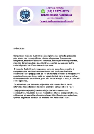 APÊNDICES
Conjunto de material ilustrativo ou complementar ao texto, produzido
pelo aluno, tais como gráficos, tabelas, diagramas, fluxogramas,
fotografias, tabelas de cálculos, símbolos, descrição de equipamentos,
modelos de formulários e questionários, plantas ou qualquer outro
material produzido. É um elemento opcional.
O material ilustrativo deve aparecer somente quando necessário à
compreensão e esclarecimento do texto, sem qualquer finalidade
decorativa ou de propaganda. Se for em número reduzido e indispensável
ao entendimento do texto, pode ser usado junto à parte a que se refere.
Quando em maior quantidade, para não sobrecarregar o texto, é colocado
como apêndice.
Os elementos que formarão o apêndice não podem deixar de ser
referenciados no texto do relatório. Exemplo: Ver apêndice I, Fig. 1.
O(s) apêndice(s) é(são) identificado(s) por letras maiúsculas
consecutivas, travessão e pelos respectivos títulos. Excepcionalmente,
utilizam-se letras maiúsculas dobradas na identificação dos apêndices,
quando esgotadas as letras do alfabeto (Ver ABNT NBR15287).
 