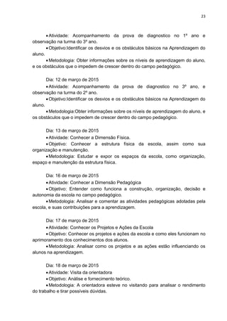 23
Atividade: Acompanhamento da prova de diagnostico no 1º ano e
observação na turma do 3º ano.
Objetivo:Identificar os desvios e os obstáculos básicos na Aprendizagem do
aluno.
Metodologia: Obter informações sobre os níveis de aprendizagem do aluno,
e os obstáculos que o impedem de crescer dentro do campo pedagógico.
Dia: 12 de março de 2015
Atividade: Acompanhamento da prova de diagnostico no 3º ano, e
observação na turma do 2º ano.
Objetivo:Identificar os desvios e os obstáculos básicos na Aprendizagem do
aluno.
Metodologia:Obter informações sobre os níveis de aprendizagem do aluno, e
os obstáculos que o impedem de crescer dentro do campo pedagógico.
Dia: 13 de março de 2015
Atividade: Conhecer a Dimensão Física.
Objetivo: Conhecer a estrutura física da escola, assim como sua
organização e manutenção.
Metodologia: Estudar e expor os espaços da escola, como organização,
espaço e manutenção da estrutura física.
Dia: 16 de março de 2015
Atividade: Conhecer a Dimensão Pedagógica
Objetivo: Entender como funciona a construção, organização, decisão e
autonomia da escola no campo pedagógico.
Metodologia: Analisar e comentar as atividades pedagógicas adotadas pela
escola, e suas contribuições para a aprendizagem.
Dia: 17 de março de 2015
Atividade: Conhecer os Projetos e Ações da Escola
Objetivo: Conhecer os projetos e ações da escola e como eles funcionam no
aprimoramento dos conhecimentos dos alunos.
Metodologia: Analisar como os projetos e as ações estão influenciando os
alunos na aprendizagem.
Dia: 18 de março de 2015
Atividade: Visita da orientadora
Objetivo: Análise e fornecimento teórico.
Metodologia: A orientadora esteve no visitando para analisar o rendimento
do trabalho e tirar possíveis dúvidas.
 