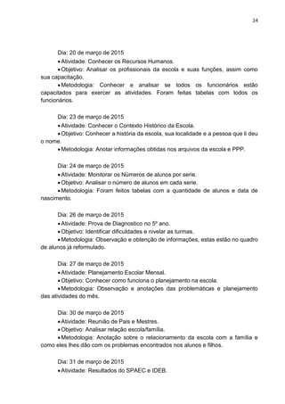 24
Dia: 20 de março de 2015
Atividade: Conhecer os Recursos Humanos.
Objetivo: Analisar os profissionais da escola e suas funções, assim como
sua capacitação.
Metodologia: Conhecer e analisar se todos os funcionários estão
capacitados para exercer as atividades. Foram feitas tabelas com todos os
funcionários.
Dia: 23 de março de 2015
Atividade: Conhecer o Contexto Histórico da Escola.
Objetivo: Conhecer a história da escola, sua localidade e a pessoa que li deu
o nome.
Metodologia: Anotar informações obtidas nos arquivos da escola e PPP.
Dia: 24 de março de 2015
Atividade: Monitorar os Números de alunos por serie.
Objetivo: Analisar o número de alunos em cada serie.
Metodologia: Foram feitos tabelas com a quantidade de alunos e data de
nascimento.
Dia: 26 de março de 2015
Atividade: Prova de Diagnostico no 5º ano.
Objetivo: Identificar dificuldades e nivelar as turmas.
Metodologia: Observação e obtenção de informações, estas estão no quadro
de alunos já reformulado.
Dia: 27 de março de 2015
Atividade: Planejamento Escolar Mensal.
Objetivo: Conhecer como funciona o planejamento na escola.
Metodologia: Observação e anotações das problemáticas e planejamento
das atividades do mês.
Dia: 30 de março de 2015
Atividade: Reunião de Pais e Mestres.
Objetivo: Analisar relação escola/família.
Metodologia: Anotação sobre o relacionamento da escola com a família e
como eles lhes dão com os problemas encontrados nos alunos e filhos.
Dia: 31 de março de 2015
Atividade: Resultados do SPAEC e IDEB.
 