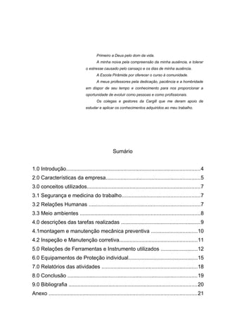 Primeiro a Deus pelo dom da vida.
A minha noiva pela compreensão da minha ausência, e tolerar
o estresse causado pelo cansaço e os dias de minha ausência.
A Escola Pirâmide por oferecer o curso à comunidade.
A meus professores pela dedicação, paciência e a hombridade
em dispor de seu tempo e conhecimento para nos proporcionar a
oportunidade de evoluir como pessoas e como profissionais.
Os colegas e gestores da Cargill que me deram apoio de
estudar e aplicar os conhecimentos adquiridos ao meu trabalho.
Sumário
1.0 Introdução...........................................................................................4
2.0 Características da empresa................................................................5
3.0 conceitos utilizados.............................................................................7
3.1 Segurança e medicina do trabalho.....................................................7
3.2 Relações Humanas ...........................................................................7
3.3 Meio ambientes .................................................................................8
4.0 descrições das tarefas realizadas ......................................................9
4.1montagem e manutenção mecânica preventiva ...............................10
4.2 Inspeção e Manutenção corretiva.....................................................11
5.0 Relações de Ferramentas e Instrumento utilizados .........................12
6.0 Equipamentos de Proteção individual...............................................15
7.0 Relatórios das atividades .................................................................18
8.0 Conclusão ........................................................................................19
9.0 Bibliografia .......................................................................................20
Anexo .....................................................................................................21
 