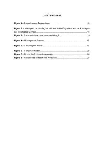 LISTA DE FIGURAS

Figura 1 – Procedimentos Topograficos....................................................................18
Figura 2 – Montagem de Instalações Hidráulicas de Esgoto e Caixa de Passagem
das Instalações Elétricas............................................................................................18
Figura 3 - Preparo da base para impermeabilização.................................................19
Figura 4 – Montagem de Formas............................................................................. 19
Figura 5 – Cancretagem Radier................................................................................19
Figura 6 – Canclusão Radier.....................................................................................20
Figura 7 – Blocos de Concreto Assentados.............................................................. 20
Figura 8 – Residencias corretamente Niveladas.......................................................20

 