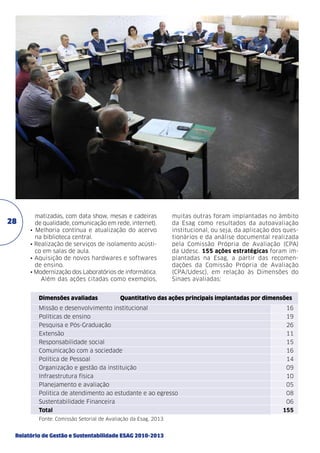 28

matizadas, com data show, mesas e cadeiras
de qualidade, comunicação em rede, internet).
• Melhoria contínua e atualização do acervo
na biblioteca central.
• Realização de serviços de isolamento acústico em salas de aula.
• Aquisição de novos hardwares e softwares
de ensino.
• Modernização dos Laboratórios de informática.
Além das ações citadas como exemplos,
Dimensões avaliadas 	

muitas outras foram implantadas no âmbito
da Esag como resultados da autoavaliação
institucional, ou seja, da aplicação dos questionários e da análise documental realizada
pela Comissão Própria de Avaliação (CPA)
da Udesc. 155 ações estratégicas foram implantadas na Esag, a partir das recomendações da Comissão Própria de Avaliação
(CPA/Udesc), em relação às Dimensões do
Sinaes avaliadas:

Quantitativo das ações principais implantadas por dimensões

Missão e desenvolvimento institucional	

16

Políticas de ensino	

19

Pesquisa e Pós-Graduação	

26

Extensão	11
Responsabilidade social	

15

Comunicação com a sociedade	

16

Política de Pessoal	

14

Organização e gestão da instituição	

09

Infraestrutura física	

10

Planejamento e avaliação	

05

Politica de atendimento ao estudante e ao egresso	

08

Sustentabilidade Financeira	

06

Total	155
Fonte: Comissão Setorial de Avaliação da Esag, 2013.

Relatório de Gestão e Sustentabilidade ESAG 2010-2013

 
