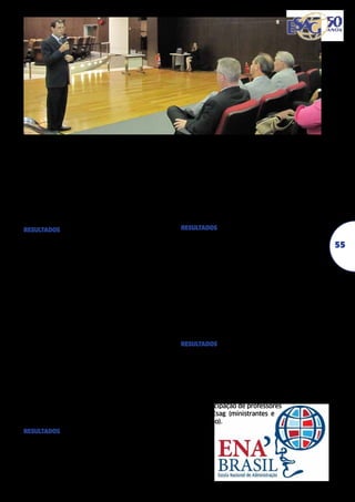 Centro Universitário para o
Desenvolvimento do Alto Vale
do Itajaí, Unidavi – Rio do Sul (SC)
Convênio para desenvolvimento de atividades acadêmico-científicas compartilhadas
pelas duas instituições (Udesc-Unidavi), especificamente para o desenvolvimento do Curso de Especialização em Gestão Acadêmica e
Universitária para os servidores da Unidavi.
Curso foi iniciado em julho de 2013, sob a coordenação do Prof. Nério Amboni, da Esag.
resultados
Formação de 30 especialistas em Gestão Acadêmica e Universitária em 2014.	

Tribunal de Contas do Estado
de Santa Catarina – TCE/SC
Convênio e contrato firmado para desenvolvimento do projeto de pesquisa Metodologia
de Indicadores de Avaliação Quali-quantitativos para o Ensino Público Estadual – Educação Básica (ainda em desevonvolvimento,
término em julho/2014). O estudo visa subsidiar o TCE/SC na avaliação da eficácia da
aplicação dos recursos financeiros aportados
pelo Estado à política de Educação Básica em
Santa Catarina, compreendendo os seguintes
objetivos específicos: a) levantar indicadores
quali-quantitativos de avaliação da educação básica, adequados aos objetivos do TCE/
SC; b) aplicar indicadores quali-quantitativos
em escolas públicas estaduais catarinenses;
c) validar os indicadores de avaliação quali-quantitativos; d) consolidar a metodologia
com os indicadores de avaliação; e) apresentar a metodologia de indicadores de avaliação para o TCE/SC.
resultados
Elaboração de uma Metodologia de Indicadores a ser utilizada pelo Tribunal de Contas do
Estado para avaliar, qualitativa e quantitativamente, a aplicação dos recursos públicos
em Educação Básica em Santa Catarina.

Centro de Investigação em
Sociologia Econômica e das
Organizações – SOCIUS – da
Universidade Técnica
de Lisboa (Portugal)
Estabelecimento de ações básicas de Cooperação Técnico-Científica nas áreas de ensino,
pesquisa e extensão, em regime de parceria
entre a Udesc e o Socius, visando ampliar e
aperfeiçoar a capacidade de ensino, pesquisa
e extensão entre as partes.
resultados
Realização do Estágio Pós-Doutoral da Profª.
Drª. Luciana de Abreu Ronconi, em 2012. Participação de professores da pós-graduação da
Udesc Esag em eventos e atividades científicas
junto à Universidade (Profªs Maria Carolina Andion, Graziela Dias Alperstedt).

Fundação Escola de Governo (ENA),
Florianópolis (SC)	
Estabelecer relações e reforçar intercâmbios
entre a ENA e a Udesc no domínio da formação
e do desenvolvimento funcionários no âmbito
da implementação da nova Escola de Administração Pública do Estado de Santa Catarina.
resultados
Desenvolvimento do curso de Pós-Graduação
lato sensu Especialização em Estudos Estratégicos em Administração Pública (CEEAP),
em 2010/2011. Formação de 14 Especialistas
(servidores públicos) em estudos estratégicos. Desenvolvimento de cursos de aperfeiçoamento/atualização para servidores públicos
com a participação de professores
da Udesc Esag (ministrantes e
coordenação).

55

 