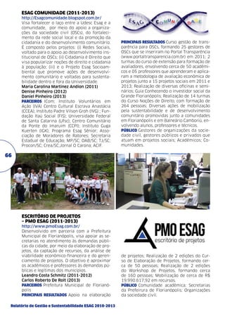 Esag COMUNIDADE (2011-2013)
http://Esagcomunidade.blogspot.com.br/
Visa fortalecer o laço entre a Udesc Esag e a
comunidade, por meio do apoio a organizações da sociedade civil (OSCs), do fortalecimento da rede social local e da promoção da
cidadania e do desenvolvimento comunitário.
É composto pelos projetos: (i) Redes Sociais,
voltado para o apoio ao desenvolvimento institucional de OSCs; (ii) Cidadania é Direito que
visa popularizar noções de direito e cidadania
à população; (iii) e o Projeto Esag Socioambiental que promove ações de desenvolvimento comunitário e voltadas para sustentabilidade dentro e fora da Universidade.
Maria Carolina Martinez Andion (2011)
Denise Pinheiro (2012)
Daniel Pinheiro (2013)	
PARCEIROS ICom; Instituto Voluntários em
Ação (IVA) Centro Cultural Escrava Anastácia
(CCEA); Instituto Padre Vilson Groh (IVG) ; Fundação Itaú Social (FIS); Universidade Federal
de Santa Catarina (Ufsc); Centro Comunitário
da Ponte do Imaruim (CCPI); Instituto Guga
Kuerten (IGK); Programa Esag Sênior; Associação de Moradores de Ratones; Secretaria
Estadual de Educação; MP/SC; OAB/SC; TJ/SC;
Procon/SC; Crea/SC;Jornal O Carona; ACIF.

PRINCIPAIS RESULTADOS Curso gestão de transparência para OSCs, formando 25 gestores de
OSCs que se inseriram no Portal Transparência
(www.portaltransparencia.com.br) em 2011; 2
turmas do curso de extensão para formação de
avaliadores, envolvendo cerca de 50 acadêmicos e 05 professores que aprenderam e aplicaram a metodologia de avaliação econômica de
projetos junto a 15 projetos sociais em 2011 e
2013; Realização de diversas oficinas e seminários; Guia Conhecendo o investidor social da
Grande Florianópolis; Realização de 14 turmas
do Curso Noções de Direito, com formação de
264 pessoas; Diversas ações de mobilização
pela sustentabilidade e de desenvolvimento
comunitário promovidas junto a comunidades
em Florianópolis e em Balneário Camboriú, envolvendo alunos, professores e técnicos.
PÚBLICO Gestores de organizações da sociedade civil, gestores públicos e privados que
atuam em projetos sociais; Acadêmicos; Comunidades.

66

ESCRITÓRIO DE PROJETOS
– PMO Esag (2011-2013)
http://www.pmoEsag.com.br/
Desenvolvido em parceria com a Prefeitura
Municipal de Florianópolis, visa apoiar as secretarias no atendimento às demandas públicas da cidade, por meio da elaboração de projetos, da captação de recursos, da análise de
viabilidade econômico-financeira e do gerenciamento de projetos. O objetivo é aproximar
os acadêmicos e professores às demandas públicas e legítimas dos municípios.	
Leandro Costa Schmitz (2011-2012)
Carlos Roberto De Rolt (2013)	
PARCEIROS Prefeitura Municipal de Florianópolis
PRINCIPAIS RESULTADOS Apoio na elaboração
Relatório de Gestão e Sustentabilidade ESAG 2010-2013

de projetos; Realização de 2 edições do Curso de Elaboração de Projetos, formando cerca de 50 pessoas; Realização de 2 edições
do Workshop de Projetos, formando cerca
de 160 pessoas; Mobilização de cerca de R$
19.990.617,92 em recursos.
PÚBLICO Comunidade acadêmica; Secretarias
da Prefeirura de Florianópolis; Organizações
da sociedade civil.

 