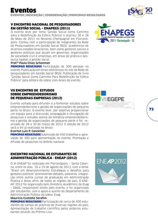 Eventos

EVENTOS | DESCRIÇÃO | COORDENAÇÃO | PRINCIPAIS RESULTADOS

V ENCONTRO NACIONAL DE PESQUISADORES
EM GESTÃO SOCIAL – ENAPEGS (2011)
O evento teve por tema ‘Gestão Social como Caminho
para a Redefinição da Esfera Pública’ e ocorreu 26 e 28
de Maio de 2011 no Recanto Chempagnat em Florianópolis. Contou com a participação de integrantes da Rede
de Pesquisadores em Gestão Social (RGS), acadêmicos de
diversos estados brasileiros, bem como gestores sociais e
gestores públicos que atuam em governos, organizações
da sociedade civil e empresas, em áreas de prática e pesquisa ligadas à gestão social.
Prof.ª Paula Chies Schommer
PRINCIPAIS RESULTADOS Participação de 300 pessoas no
evento; Publicação em Anais eletrônicos no site da Rede de
pesquisadores em Gestão Social (RGS); Publicação de livro
“Gestão Social Como Caminho Para Redefinição da Esfera
Pública” pela editora da Udesc com Anais do evento.

VII ENCONTRO DE ESTUDOS
SOBRE EMPREENDEDORISMO
DE PEQUENAS EMPRESAS (2012)	
Evento voltado para difundir e a fomentar estudos sobre
empreendedorismo e gestão de organizações de pequeno
porte no Brasil. O evento teve por objetivo proporcionar
um espaço para a discussão, propagação e divulgação de
pesquisas e estudos acerca da temática empreendedorismo e gestão de organizações de pequeno porte e foi realizado de 28 a 30 de março de 2012. E edição de 2012
será a VII já realizada no Brasil.	
Everton Luis P. Cancellier	
PRINCIPAIS RESULTADOS Submissão de 450 trabalhos e aprovação de 300 para apresentação no evento; Promoção e
difusão de pesquisas no âmbito nacional.

ENCONTRO NACIONAL DE ESTUDANTES DE
ADMINISTRAÇÃO PÚBLICA - ENEAP (2012)
O XI ENEAP foi realizado em Florianópolis – Santa Catarina, entre os dias 16 a 19 de agosto de 2012, com o tema:
“Brasil em desenvolvimento: Estratégias e desafios para
gestores públicos” promovendo debates, palestras, integração entre outros cursos de graduação em Administração
Pública e áreas afins, de todas as regiões do país. O ENEAP 2012 foi organizado pelo Diretório Acadêmico da Esag
– DAAG, responsável direto pelo evento, e foi organizado
por estudantes, com o apoio e auxílio do Departamento de
Administração Pública da Udesc Esag.
Maurício Custódio Serafim	
PRINCIPAIS RESULTADOS Participação de cerca de 400 estudantes do campo de públicas de diversas regiões do país;
Apresentação de trabalho científico pelos próprios estudantes através do Prêmio Lice.

73

 