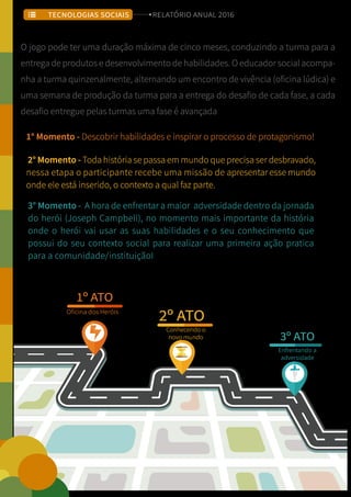 Conhecendo o
novo mundo 3º ATO
Enfrentando a
adversidade
1º ATO
Oficina dos Heróis
2º ATO
O jogo pode ter uma duração máxima de cinco meses, conduzindo a turma para a
entrega de produtos e desenvolvimento de habilidades. O educador social acompa-
nha a turma quinzenalmente, alternando um encontro de vivência (oficina lúdica) e
uma semana de produção da turma para a entrega do desafio de cada fase, a cada
desafio entregue pelas turmas uma fase é avançada
1° Momento - Descobrir habilidades e inspirar o processo de protagonismo!
2° Momento - Toda história se passa em mundo que precisa ser desbravado,
nessa etapa o participante recebe uma missão de apresentar esse mundo
onde ele está inserido, o contexto a qual faz parte.
3° Momento - A hora de enfrentar a maior adversidade dentro da jornada
do herói (Joseph Campbell), no momento mais importante da história
onde o herói vai usar as suas habilidades e o seu conhecimento que
possui do seu contexto social para realizar uma primeira ação pratica
para a comunidade/instituiçãoI
TECNOLOGIAS SOCIAIS RELATÓRIO ANUAL 2016
 