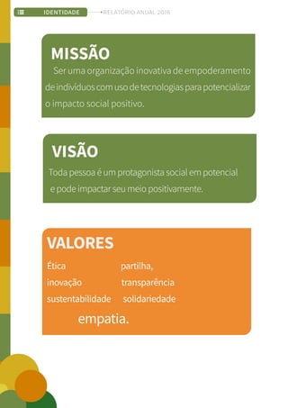 MISSÃO
VISÃO
VALORES
Ser uma organização inovativa de empoderamento
deindivíduoscomusodetecnologiasparapotencializar
o impacto social positivo.
Toda pessoa é um protagonista social em potencial
e pode impactar seu meio positivamente.
Ética partilha,
inovação transparência
sustentabilidade solidariedade
empatia.
IDENTIDADEIDENTIDADE RELATÓRIO ANUAL 2016
 