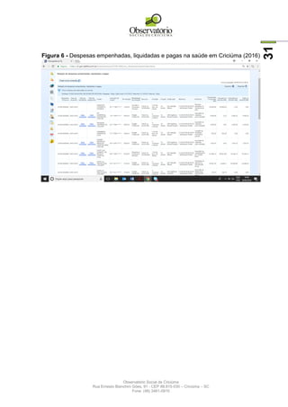 Observatório Social de Criciúma
Rua Ernesto Bianchini Góes, 91 - CEP 88.815-030 – Criciúma – SC
Fone: (48) 3461-0910
31
Figura 6 - Despesas empenhadas, liquidadas e pagas na saúde em Criciúma (2016)
 