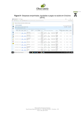 Observatório Social de Criciúma
Rua Ernesto Bianchini Góes, 91 - CEP 88.815-030 – Criciúma – SC
Fone: (48) 3461-0910
34
Figura 9 - Despesas empenhadas, liquidadas e pagas na saúde em Criciúma
(2015).
 