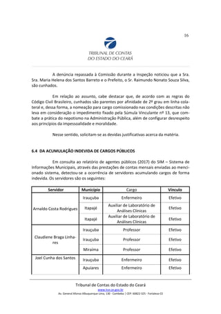16
A denúncia repassada à Comissão durante a Inspeção noticiou que a Sra.
Sra. Maria Helena dos Santos Barreto e o Prefeito, o Sr. Raimundo Nonato Souza Silva,
são cunhados.
Em relação ao assunto, cabe destacar que, de acordo com as regras do
Código Civil Brasileiro, cunhados são parentes por afinidade de 2º grau em linha cola-
teral e, dessa forma, a nomeação para cargo comissionado nas condições descritas não
leva em consideração o impedimento fixado pela Súmula Vinculante nº 13, que com-
bate a prática do nepotismo na Administração Pública, além de configurar desrespeito
aos princípios da impessoalidade e moralidade.
Nesse sentido, solicitam-se as devidas justificativas acerca da matéria.
6.4 DA ACUMULAÇÃO INDEVIDA DE CARGOS PÚBLICOS
Em consulta ao relatório de agentes públicos (2017) do SIM – Sistema de
Informações Municipais, através das prestações de contas mensais enviadas ao menci-
onado sistema, detectou-se a ocorrência de servidores acumulando cargos de forma
indevida. Os servidores são os seguintes:
Servidor Município Cargo Vínculo
Arnaldo Costa Rodrigues
Irauçuba Enfermeiro Efetivo
Itapajé
Auxiliar de Laboratório de
Análises Clínicas
Efetivo
Itapajé
Auxiliar de Laboratório de
Análises Clínicas
Efetivo
Claudiene Braga Linha-
res
Irauçuba Professor Efetivo
Irauçuba Professor Efetivo
Miraíma Professor Efetivo
Joel Cunha dos Santos Irauçuba Enfermeiro Efetivo
Apuiares Enfermeiro Efetivo
Tribunal de Contas do Estado do Ceará
www.tce.ce.gov.br
Av. General Afonso Albuquerque Lima, 130 - Cambeba | CEP: 60822-325 - Fortaleza-CE
 