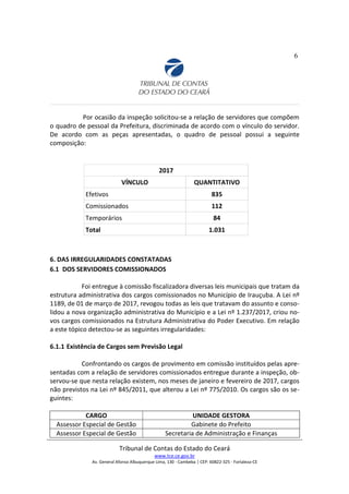 6
Por ocasião da inspeção solicitou-se a relação de servidores que compõem
o quadro de pessoal da Prefeitura, discriminada de acordo com o vínculo do servidor.
De acordo com as peças apresentadas, o quadro de pessoal possui a seguinte
composição:
6. DAS IRREGULARIDADES CONSTATADAS
6.1 DOS SERVIDORES COMISSIONADOS
Foi entregue à comissão fiscalizadora diversas leis municipais que tratam da
estrutura administrativa dos cargos comissionados no Município de Irauçuba. A Lei nº
1189, de 01 de março de 2017, revogou todas as leis que tratavam do assunto e conso-
lidou a nova organização administrativa do Município e a Lei nº 1.237/2017, criou no-
vos cargos comissionados na Estrutura Administrativa do Poder Executivo. Em relação
a este tópico detectou-se as seguintes irregularidades:
6.1.1 Existência de Cargos sem Previsão Legal
Confrontando os cargos de provimento em comissão instituídos pelas apre-
sentadas com a relação de servidores comissionados entregue durante a inspeção, ob-
servou-se que nesta relação existem, nos meses de janeiro e fevereiro de 2017, cargos
não previstos na Lei nº 845/2011, que alterou a Lei nº 775/2010. Os cargos são os se-
guintes:
CARGO UNIDADE GESTORA
Assessor Especial de Gestão Gabinete do Prefeito
Assessor Especial de Gestão Secretaria de Administração e Finanças
Tribunal de Contas do Estado do Ceará
www.tce.ce.gov.br
Av. General Afonso Albuquerque Lima, 130 - Cambeba | CEP: 60822-325 - Fortaleza-CE
2017
VÍNCULO QUANTITATIVO
Efetivos 835
Comissionados 112
Temporários 84
Total 1.031
 