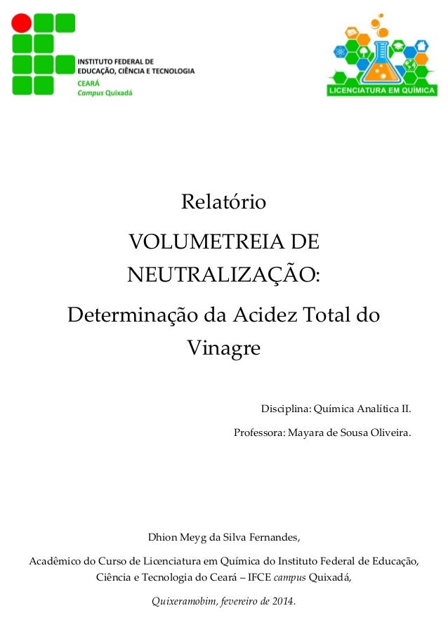 Capa De Um Relatorio De Quimica Relatorio De Quimica Analitica Ii Determinacao Da Acidez Total Do V