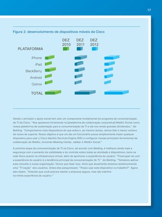 17 
Figura 2: desenvolvimento de dispositivos móveis da Cisco 
PLATAFORMA 
iPhone 
iPad 
BlackBerry 
Android 
Outros 
TOTAL 
DEZ 
2010 
DEZ 
2011 
DEZ 
2012 
Desde o princípio o apoio social tem sido um componente fundamental do programa de consumerização 
de TI da Cisco. "Nos apoiamos fortemente na [plataforma de colaboração corporativa] WebEx Social como 
nossa plataforma de sustentação para a consumerização de TI e ela nos rende grandes dividendos," diz 
Belding. “Comportamos mais dispositivos do que antes e ,ao mesmo tempo, temos tido o menor número 
de casos de suporte. Nosso objetivo é que um dia um funcionário possa simplesmente trazer qualquer 
dispositivo para usar o Cisco Identity Services Engine (ISE) e configurar nossas principais ferramentas de 
colaboração da WebEx, incluindo Meeting Center, Jabber e WebEx Social.” 
A próxima etapa da consumerização de TI na Cisco, de acordo com Belding, é melhorar ainda mais a 
segurança com o aumento da visibilidade e do controle sobre todas as atividade e dispositivos, tanto na 
rede física quanto na infraestrutura virtual, além de aprimorar a experiência do usuário. "Preocupar-se com 
a experiência do usuário é a tendência principal da consumerização de TI," diz Belding. “Tentamos aplicar 
este conceito à nossa organização. Temos que fazer isso. Acho que atualmente estamos testemunhando 
uma "TI-zação" dos usuários. Antes eles perguntavam, "Posso usar este dispositivo no trabalho?" Agora 
eles dizem, "Entendo que você precisa manter a empresa segura, mas não interfira 
na minha experiência de usuário.’” 
 