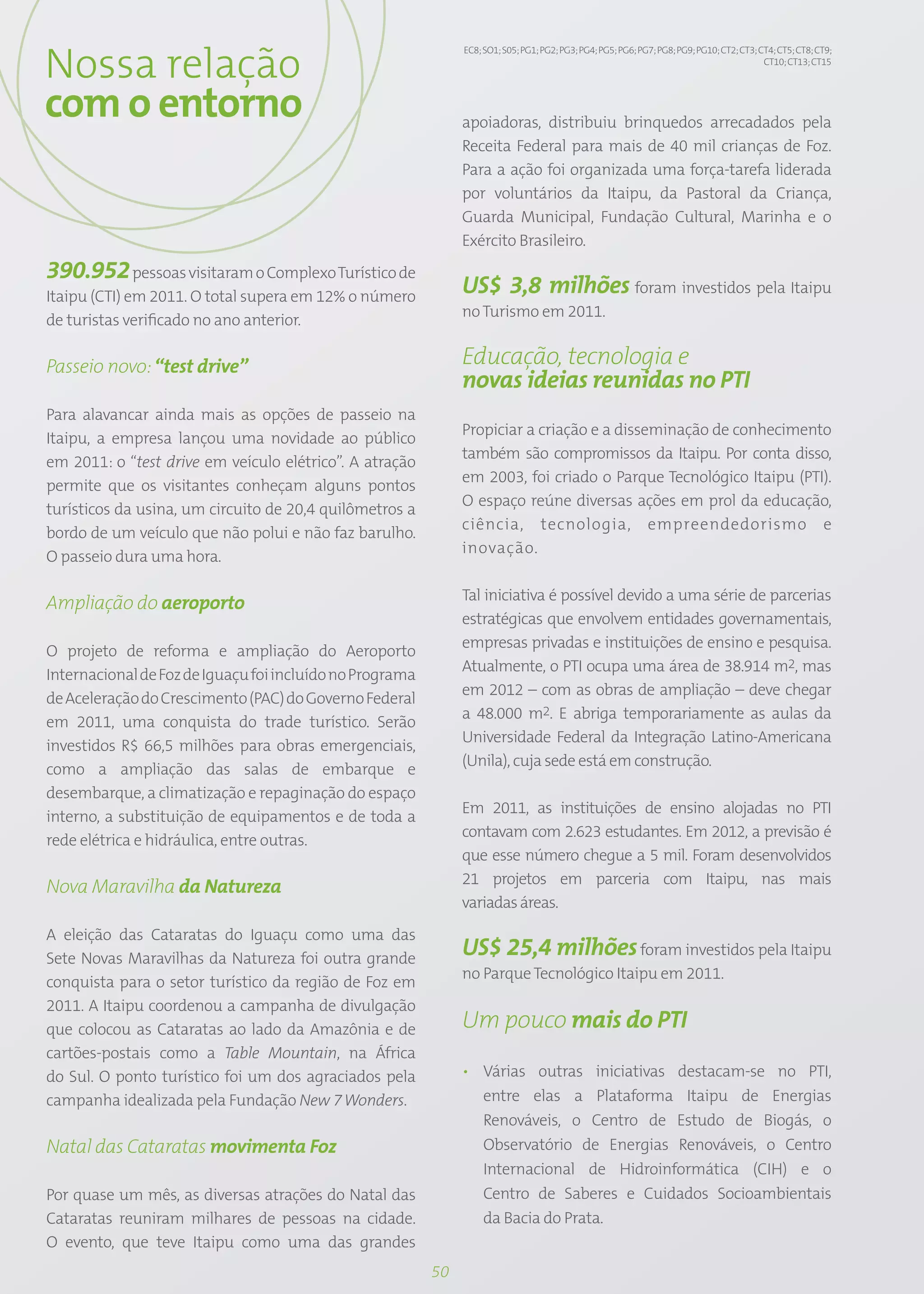 Nossa relação
                                                               EC8; SO1; S05; PG1; PG2; PG3; PG4; PG5; PG6; PG7; PG8; PG9; PG10; CT2; CT3; CT4; CT5; CT8; CT9;
                                                                                                                                            CT10; CT13; CT15




com o entorno                                                  apoiadoras, distribuiu brinquedos arrecadados pela
                                                               Receita Federal para mais de 40 mil crianças de Foz.
                                                               Para a ação foi organizada uma força-tarefa liderada
                                                               por voluntários da Itaipu, da Pastoral da Criança,
                                                               Guarda Municipal, Fundação Cultural, Marinha e o
                                                               Exército Brasileiro.
390.952 pessoas visitaram o Complexo Turístico de
Itaipu (CTI) em 2011. O total supera em 12% o número
                                                               US$ 3,8 milhões foram investidos pela Itaipu
                                                               no Turismo em 2011.
de turistas verificado no ano anterior.

Passeio novo: “test drive”                                     Educação, tecnologia e
                                                               novas ideias reunidas no PTI
Para alavancar ainda mais as opções de passeio na
                                                               Propiciar a criação e a disseminação de conhecimento
Itaipu, a empresa lançou uma novidade ao público
                                                               também são compromissos da Itaipu. Por conta disso,
em 2011: o “test drive em veículo elétrico”. A atração
                                                               em 2003, foi criado o Parque Tecnológico Itaipu (PTI).
permite que os visitantes conheçam alguns pontos
                                                               O espaço reúne diversas ações em prol da educação,
turísticos da usina, um circuito de 20,4 quilômetros a
                                                               ciência, tecnologia, empreendedorismo e
bordo de um veículo que não polui e não faz barulho.
                                                               inovação.
O passeio dura uma hora.

                                                               Tal iniciativa é possível devido a uma série de parcerias
Ampliação do aeroporto
                                                               estratégicas que envolvem entidades governamentais,
                                                               empresas privadas e instituições de ensino e pesquisa.
O projeto de reforma e ampliação do Aeroporto
                                                               Atualmente, o PTI ocupa uma área de 38.914 m2, mas
Internacional de Foz de Iguaçu foi incluído no Programa
                                                               em 2012 – com as obras de ampliação – deve chegar
de Aceleração do Crescimento (PAC) do Governo Federal
                                                               a 48.000 m2. E abriga temporariamente as aulas da
em 2011, uma conquista do trade turístico. Serão
                                                               Universidade Federal da Integração Latino-Americana
investidos R$ 66,5 milhões para obras emergenciais,
                                                               (Unila), cuja sede está em construção.
como a ampliação das salas de embarque e
desembarque, a climatização e repaginação do espaço
                                                               Em 2011, as instituições de ensino alojadas no PTI
interno, a substituição de equipamentos e de toda a
                                                               contavam com 2.623 estudantes. Em 2012, a previsão é
rede elétrica e hidráulica, entre outras.
                                                               que esse número chegue a 5 mil. Foram desenvolvidos
                                                               21 projetos em parceria com Itaipu, nas mais
Nova Maravilha da Natureza
                                                               variadas áreas.
A eleição das Cataratas do Iguaçu como uma das
Sete Novas Maravilhas da Natureza foi outra grande
                                                               US$ 25,4 milhões foram investidos pela Itaipu
                                                               no Parque Tecnológico Itaipu em 2011.
conquista para o setor turístico da região de Foz em
2011. A Itaipu coordenou a campanha de divulgação
que colocou as Cataratas ao lado da Amazônia e de              Um pouco mais do PTI
cartões-postais como a Table Mountain, na África
do Sul. O ponto turístico foi um dos agraciados pela           • Várias outras iniciativas destacam-se no PTI,
campanha idealizada pela Fundação New 7 Wonders.                 entre elas a Plataforma Itaipu de Energias
                                                                 Renováveis, o Centro de Estudo de Biogás, o
Natal das Cataratas movimenta Foz                                Observatório de Energias Renováveis, o Centro
                                                                 Internacional de Hidroinformática (CIH) e o
Por quase um mês, as diversas atrações do Natal das              Centro de Saberes e Cuidados Socioambientais
Cataratas reuniram milhares de pessoas na cidade.                da Bacia do Prata.
O evento, que teve Itaipu como uma das grandes
                                                          50
 