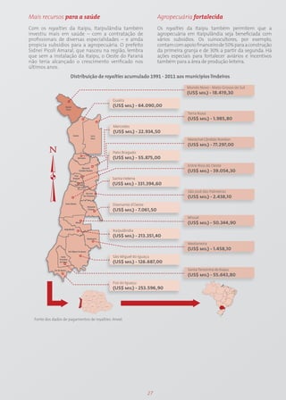 Mais recursos para a saúde                                            Agropecuária fortalecida
Com os royalties da Itaipu, Itaipulândia também                       Os royalties da Itaipu também permitem que a
investiu mais em saúde – com a contratação de                         agropecuária em Itaipulândia seja beneficiada com
profissionais de diversas especialidades – e ainda                    vários subsídios. Os suinocultores, por exemplo,
propicia subsídios para a agropecuária. O prefeito                    contam com apoio financeiro de 50% para a construção
Sidnei Picoli Amaral, que nasceu na região, lembra                    da primeira granja e de 30% a partir da segunda. Há
que sem a instalação da Itaipu, o Oeste do Paraná                     ações especiais para fortalecer aviários e incentivos
não teria alcançado o crescimento verificado nos                      também para a área de produção leiteira.
últimos anos.
                      Distribuição de royalties acumulado 1991 - 2011 aos municípios lindeiros

                                                                                   Mundo Novo - Mato Grosso do Sul
                                                                                   (US$ mil) - 18.419,30
                                              Guaíra
                                              (US$ mil) - 64.090,00
                                                                                    Terra Roxa
                                                                                    (US$ mil) - 1.985,80
                                              Mercedes
                                              (US$ mil) - 22.934,50
                                                                                    Marechal Cândido Rondon
                                                                                    (US$ mil) - 77.297,00
                                              Pato Bragado
                                              (US$ mil) - 55.875,00
                                                                                    Entre Rios do Oeste
                                                                                    (US$ mil) - 39.054,30
                                              Santa Helena
                                              (US$ mil) - 331.394,60
                                                                                    São José das Palmeiras
                                                                                    (US$ mil) - 2.438,10
                                              Diamante d’Oeste
                                              (US$ mil) - 7.061,50
                                                                                    Missal
                                                                                    (US$ mil) - 50.344,90
                                              Itaipulândia
                                              (US$ mil) - 213.351,40
                                                                                    Medianeira
                                                                                    (US$ mil) - 1.458,10
                                              São Miguel do Iguaçu
                                              (US$ mil) - 126.687,00
                                                                                    Santa Terezinha de Itaipu
                                                                                    (US$ mil) - 55.643,80
                                              Foz do Iguaçu
                                              (US$ mil) - 253.596,90




  Fonte dos dados de pagamentos de royalties: Aneel.




                                                                 27
 