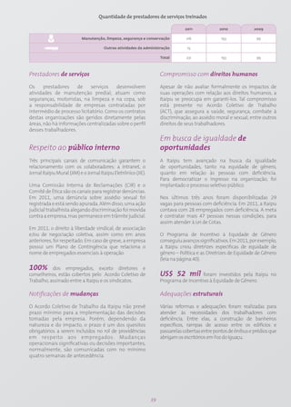 Quantidade de prestadores de serviços treinados

                                                                                 2011            2010             2009

                           Manutenção, limpeza, segurança e conservação          216              193              99

                                       Outras atividades da administração         15

                                                                     Total       231              193              99



Prestadores de serviços                                              Compromisso com direitos humanos
Os     prestadores    de    serviços    desenvolvem                  Apesar de não avaliar formalmente os impactos de
atividades de manutenção predial, atuam como                         suas operações com relação aos direitos humanos, a
seguranças, motoristas, na limpeza e na copa, sob                    Itaipu se preocupa em garanti-los. Tal compromisso
a responsabilidade de empresas contratadas por                       está presente no Acordo Coletivo de Trabalho
intermédio de processo licitatório. Como os contratos                (ACT), que assegura a saúde, segurança, combate à
destas organizações são geridos diretamente pelas                    discriminação, ao assédio moral e sexual, entre outros
áreas, não há informações centralizadas sobre o perfil               direitos de seus trabalhadores.
desses trabalhadores.
                                                                     Em busca de igualdade de
Respeito ao público interno                                          oportunidades
Três principais canais de comunicação garantem o                     A Itaipu tem avançado na busca da igualdade
relacionamento com os colaboradores: a intranet, o                   de oportunidades, tanto na equidade de gênero,
Jornal Itaipu Mural (JIM) e o Jornal Itaipu Eletrônico (JIE).        quanto em relação às pessoas com deficiência.
                                                                     Para democratizar o ingresso na organização, foi
Uma Comissão Interna de Reclamações (CIR) e o                        implantado o processo seletivo público.
Comitê de Ética são os canais para registrar denúncias.
Em 2011, uma denúncia sobre assédio sexual foi                       Nos últimos três anos foram disponibilizadas 29
registrada e está sendo apurada. Além disso, uma ação                vagas para pessoas com deficiência. Em 2011, a Itaipu
judicial trabalhista alegando discriminação foi movida               contava com 28 empregados com deficiência. A meta
contra a empresa, mas permanece em trâmite judicial.                 é contratar mais 47 pessoas nessas condições, para
                                                                     assim atender à Lei de Cotas.
Em 2011, o direito à liberdade sindical, de associação
e/ou de negociação coletiva, assim como em anos                      O Programa de Incentivo à Equidade de Gênero
anteriores, foi respeitado. Em caso de greve, a empresa              conseguiu avanços significativos. Em 2011, por exemplo,
possui um Plano de Contingência que relaciona o                      a Itaipu criou diretrizes específicas de equidade de
nome de empregados essenciais à operação.                            gênero – Política e as Diretrizes de Equidade de Gênero
                                                                     (leia na página 40).
100%       dos empregados, exceto diretores e
conselheiros, estão cobertos pelo Acordo Coletivo de                 US$ 52 mil foram investidos pela Itaipu no
Trabalho, assinado entre a Itaipu e os sindicatos.                   Programa de Incentivo à Equidade de Gênero.

Notificações de mudanças                                             Adequações estruturais

O Acordo Coletivo de Trabalho da Itaipu não prevê                    Várias reformas e adequações foram realizadas para
prazo mínimo para a implementação das decisões                       atender às necessidades dos trabalhadores com
tomadas pela empresa. Porém, dependendo da                           deficiência. Entre elas, a construção de banheiros
natureza e do impacto, o prazo é um dos quesitos                     específicos, rampas de acesso entre os edifícios e
obrigatórios a serem incluídos no rol de providências                passarelas cobertas entre pontos de ônibus e prédios que
em respeito aos empregados. Mudanças                                 abrigam os escritórios em Foz do Iguaçu.
operacionais significativas ou decisões importantes,
normalmente, são comunicadas com no mínimo
quatro semanas de antecedência.




                                                                39
 