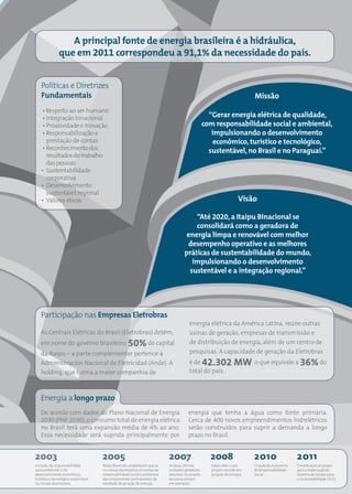 A principal fonte de energia brasileira é a hidráulica,
               que em 2011 correspondeu a 91,1% da necessidade do país.


    Políticas e Diretrizes
    Fundamentais                                                                                                            Missão
    • Respeito ao ser humano
    • Integração binacional                                                                          “Gerar energia elétrica de qualidade,
    • Proatividade e inovação                                                                      com responsabilidade social e ambiental,
    • Responsabilização e                                                                             impulsionando o desenvolvimento
      prestação de contas                                                                              econômico, turístico e tecnológico,
    • Reconhecimento dos                                                                             sustentável, no Brasil e no Paraguai.”
      resultados do trabalho
      das pessoas
    • Sustentabilidade
      corporativa
    • Desenvolvimento
      sustentável regional
    • Valores éticos                                                                                                  Visão

                                                                                         “Até 2020, a Itaipu Binacional se
                                                                                         consolidará como a geradora de
                                                                                      energia limpa e renovável com melhor
                                                                                      desempenho operativo e as melhores
                                                                                     práticas de sustentabilidade do mundo,
                                                                                        impulsionando o desenvolvimento
                                                                                       sustentável e a integração regional.”




   Participação nas Empresas Eletrobras
                                                                                         energia elétrica da América Latina, reúne outras
   As Centrais Elétricas do Brasil (Eletrobras) detêm,                                   usinas de geração, empresas de transmissão e
   em nome do governo brasileiro,                    50% do capital                      de distribuição de energia, além de um centro de
   da Itaipu – a parte complementar pertence à                                           pesquisas. A capacidade de geração da Eletrobras
   Administración Nacional de Eletricidad (Ande). A                                      é de      42.302 MW, o que equivale a 36% do
   holding, que forma a maior companhia de                                               total do país.



   Energia a longo prazo
   De acordo com dados do Plano Nacional de Energia                                     energia que tenha a água como fonte primária.
   2030 (PNE 2030), o consumo total de energia elétrica                                 Cerca de 400 novos empreendimentos hidrelétricos
   no Brasil terá uma expansão média de 4% ao ano.                                      serão construídos para suprir a demanda a longo
   Essa necessidade será suprida principalmente por                                     prazo no Brasil.


2003                                  2005                                  2007                     2008                   2010                    2011
Inclusão da responsabilidade          Notas Reversais estabelecem que as    As duas últimas           Itaipu bate o seu     Criação da Assessoria   Constituição do grupo
socioambiental e do                   iniciativas da empresa no campo da    unidades geradoras        próprio recorde em    de Responsabilidade     para a elaboração do
desenvolvimento econômico,            responsabilidade social e ambiental   previstas no projeto      geração de energia.   Social .                Sistema de Gestão para
turístico e tecnológico sustentável   são componentes permanentes da        da usina entram                                                         a Sustentabilidade (SGS).
na missão da empresa.                 atividade de geração de energia.      em operação.
 