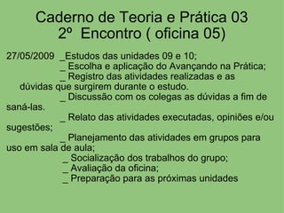 Caderno de Teoria e Prática 03 2º  Encontro ( oficina 05) 27/05/2009  _Estudos das unidades 09 e 10;                      _ Escolha e aplicação do Avançando na Prática;                      _ Registro das atividades realizadas e as                    dúvidas que surgirem durante o estudo.                      _ Discussão com os colegas as dúvidas a fim de saná-las.                      _ Relato das atividades executadas, opiniões e/ou sugestões;                      _ Planejamento das atividades em grupos para uso em sala de aula;                       _ Socialização dos trabalhos do grupo;                       _ Avaliação da oficina;                       _ Preparação para as próximas unidades 