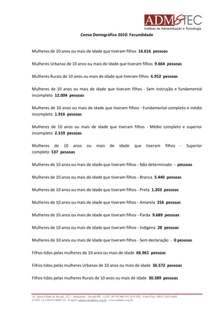 Censo Demográfico 2010: Fecundidade

Mulheres de 10 anos ou mais de idade que tiveram filhos 16.616 pessoas
Mulheres Urbanas de 10 anos ou mais de idade que tiveram filhos 9.664 pessoas
Mulheres Rurais de 10 anos ou mais de idade que tiveram filhos 6.952 pessoas
Mulheres de 10 anos ou mais de idade que tiveram filhos - Sem instrução e fundamental
incompleto 12.004 pessoas
Mulheres de 10 anos ou mais de idade que tiveram filhos - Fundamental completo e médio
incompleto 1.916 pessoas
Mulheres de 10 anos ou mais de idade que tiveram filhos - Médio completo e superior
incompleto 2.159 pessoas
Mulheres de 10 anos
completo 537 pessoas

ou

mais

de

idade

que

tiveram

filhos

-

Superior

Mulheres de 10 anos ou mais de idade que tiveram filhos - Não determinado - pessoas
Mulheres de 10 anos ou mais de idade que tiveram filhos - Branca 5.440 pessoas
Mulheres de 10 anos ou mais de idade que tiveram filhos - Preta 1.203 pessoas
Mulheres de 10 anos ou mais de idade que tiveram filhos - Amarela 256 pessoas
Mulheres de 10 anos ou mais de idade que tiveram filhos - Parda 9.689 pessoas
Mulheres de 10 anos ou mais de idade que tiveram filhos - Indígena 28 pessoas
Mulheres de 10 anos ou mais de idade que tiveram filhos - Sem declaração - 0 pessoas
Filhos tidos pelas mulheres de 10 anos ou mais de idade 66.961 pessoas
s
Filhos tidos pelas mulheres Urbanas de 10 anos ou mais de idade 36.572 pessoas
Filhos tidos pelas mulheres Rurais de 10 anos ou mais de idade 30.389 pessoas

Av. Sport Clube do Recife, 252 – Madalena – Recife/PE - CEP: 50750.500 (FCAP/UPE) Fone/Fax: (081) 3445
3445-4469
CNPJ: 35.328.913/0001-16 - E-mail: admtec@admtec.org.br - www.admtec.org.br

 