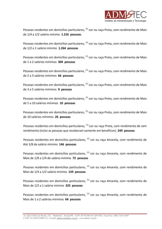 Pessoas residentes em domicílios particulares, (1) cor ou raça Preta, com rendimento de Mais
de 1/4 a 1/2 salário mínimo 1.216 pessoas.
Pessoas residentes em domicílios particulares, (1) cor ou raça Preta, com rendimento de Mais
de 1/2 a 1 salário mínimo 1.264 pessoas
Pessoas residentes em domicílios particulares, (1) cor ou raça Preta, com rendimento de Mais
de 1 a 2 salários mínimos 304 pessoas
Pessoas residentes em domicílios particulares, (1) cor ou raça Preta, com rendimento de Mais
de 2 a 3 salários mínimos 66 pessoas
Pessoas residentes em domicílios particulares, (1) cor ou raça Preta, com rendimento de Mais
de 3 a 5 salários mínimos 9 pessoas
Pessoas residentes em domicílios particulares, (1) cor ou raça Preta, com rendimento de Mais
de 5 a 10 salários mínimos 10 pessoas
Pessoas residentes em domicílios particulares, (1) cor ou raça Preta, com rendimento de Mais
de 10 salários mínimos 26 pessoas
Pessoas residentes em domicílios particulares, (1) cor ou raça Preta, com rendime
rendimento de sem
rendimento (inclui as pessoas que receberam somente em benefícios) 249 pessoas
Pessoas residentes em domicílios particulares,
Até 1/8 de salário mínimo 146 pessoas

(1)

cor ou raça Amarela, com rendimento de

Pessoas residentes em domicílios particulares, (1) cor ou raça Amarela, com rendimento de
Mais de 1/8 a 1/4 de salário mínimo 72 pessoas
Pessoas residentes em domicílios particulares,
Mais de 1/4 a 1/2 salário mínimo 150 pessoas

(1)

cor ou raça Amarela, com rendimento de

Pessoas residentes em domicílios particulares,
Mais de 1/2 a 1 salário mínimo 225 pessoas

(1)

cor ou raça Amarela, com rendimento de

Pessoas residentes em domicílios particulares,
Mais de 1 a 2 salários mínimos 64 pessoas

(1)

cor ou raça Amarela, com rendimento de

Av. Sport Clube do Recife, 252 – Madalena – Recife/PE - CEP: 50750.500 (FCAP/UPE) Fone/Fax: (081) 3445
3445-4469
CNPJ: 35.328.913/0001-16 - E-mail: admtec@admtec.org.br - www.admtec.org.br

 