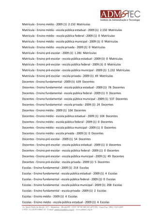 Matrícula - Ensino médio - 2009 (1) 2.150 Matrículas
Matrícula - Ensino médio - escola pública estadual - 2009 (1) 2.150 Matrículas
Matrícula - Ensino médio - escola pública federal - 2009 (1) 0 Matrículas
Matrícula - Ensino médio - escola pública municipal - 2009 (1) 0 Matrículas
Matrícula - Ensino médio - escola privada - 2009 (1) 0 Matrículas
Matrícula - Ensino pré-escolar - 2009 (1) 1.281 Matrículas
escolar
Matrícula - Ensino pré-escolar - escola pública estadual - 2009 (1) 0 Matrículas
escolar
Matrícula - Ensino pré-escolar - escola pública federal - 2009 (1) 0 Matrículas
escolar
Matrícula - Ensino pré-escolar - escola pública municipal - 2009 (1) 1.232 Matrículas
escolar
Matrícula - Ensino pré-escolar - escola privada - 2009 (1) 49 Matrículas
escolar
Docentes - Ensino fundamental - 2009 (1) 639 Docentes
Docentes - Ensino fundamental - escola pública estadual - 2009 (1) 78 Docentes
Docentes - Ensino fundamental - escola pública federal - 2009 (1) 0 Docentes
Docentes - Ensino fundame
fundamental - escola pública municipal - 2009 (1) 537 Docentes
Docentes - Ensino fundamental - escola privada - 2009 (1) 24 Docentes
Docentes - Ensino médio - 2009 (1) 104 Docentes
Docentes - Ensino médio - escola pública estadual - 2009 (1) 104 Docentes
Docentes - Ensino médio - escola pública federal - 2009 (1) 0 Docentes
Docentes - Ensino médio - escola pública municipal - 2009 (1) 0 Docentes
Docentes - Ensino médio - escola privada - 2009 (1) 0 Docentes
Docentes - Ensino pré-escolar - 2009 (1) 54 Docentes
escolar
Docentes - Ensino pré-escolar - escola pública estadual - 2009 (1) 0 Docentes
escolar
Docentes - Ensino pré-escolar - escola pública federal - 2009 (1) 0 Docentes
escolar
Docentes - Ensino pré-escolar - escola pública municipal - 2009 (1) 49 Docentes
escolar
Docentes - Ensino pré-escolar - escola privada - 2009 (1) 5 Docentes
escolar
Escolas - Ensino fundamental - 2009 (1) 214 Escolas
Escolas - Ensino fundamental - escola pública estadual - 2009 (1) 4 Escolas
scolas
Escolas - Ensino fundamental - escola pública federal - 2009 (1) 0 Escolas
Escolas - Ensino fundamental - escola pública municipal - 2009 (1) 208 Escolas
Escolas - Ensino fundamental - escola privada - 2009 (1) 2 Escolas
Escolas - Ensino médio - 2009 (1) 4 Escolas
Escolas - Ensino médio - escola pública estadual - 2009 (1) 4 Escolas
Av. Sport Clube do Recife, 252 – Madalena – Recife/PE - CEP: 50750.500 (FCAP/UPE) Fone/Fax: (081) 3445
3445-4469
CNPJ: 35.328.913/0001-16 - E-mail: admtec@admtec.org.br - www.admtec.org.br

 