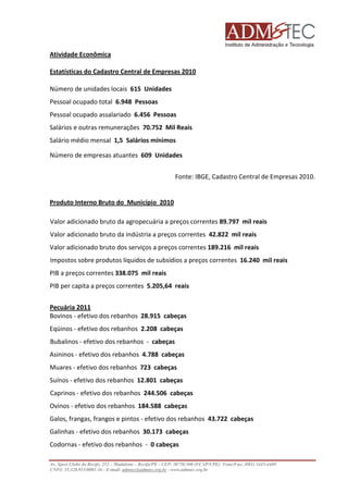 Atividade Econômica
Estatísticas do Cadastro Central de Empresas 2010
Número de unidades locais 615 Unidades
Pessoal ocupado total 6.948 Pessoas
Pessoal ocupado assalariado 6.456 Pessoas
Salários e outras remunerações 70.752 Mil Reais
Salário médio mensal 1,5 Salários mínimos
Número de empresas atuantes 609 Unidades
Fonte: IBGE, Cadastro Central de Empresas 2010.

Produto Interno Bruto do Município 2010
Valor adicionado bruto da agropecuária a preços correntes 89.797 mil reais
Valor adicionado bruto da indústria a preços correntes 42.822 mil reais
Valor adicionado bruto dos serviços a preços correntes 189.216 mil reais
Impostos sobre produtos líquidos de subsídios a preços correntes 16.240 mil reais
PIB a preços correntes 338.075 mil reais
PIB per capita a preços correntes 5.205,64 reais
Pecuária 2011
Bovinos - efetivo dos rebanhos 28.915 cabeças
Eqüinos - efetivo dos rebanhos 2.208 cabeças
Bubalinos - efetivo dos rebanhos - cabeças
Asininos - efetivo dos rebanhos 4.788 cabeças
Muares - efetivo dos rebanhos 723 cabeças
Suínos - efetivo dos rebanhos 12.801 cabeças
Caprinos - efetivo dos rebanhos 244.506 cabeças
Ovinos - efetivo dos rebanhos 184.588 cabeças
Galos, frangas, frangos e pintos - efetivo dos rebanhos 43.722 cabeças
rangos
Galinhas - efetivo dos rebanhos 30.173 cabeças
Codornas - efetivo dos rebanhos - 0 cabeças
Av. Sport Clube do Recife, 252 – Madalena – Recife/PE - CEP: 50750.500 (FCAP/UPE) Fone/Fax: (081) 3445
3445-4469
CNPJ: 35.328.913/0001-16 - E-mail: admtec@admtec.org.br - www.admtec.org.br

 