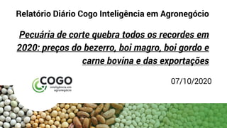Relatório Diário Cogo Inteligência em Agronegócio
Pecuária de corte quebra todos os recordes em
2020: preços do bezerro, boi magro, boi gordo e
carne bovina e das exportações
07/10/2020
 