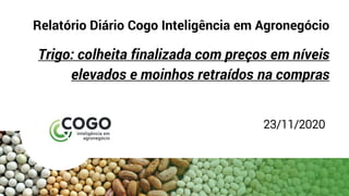 Relatório Diário Cogo Inteligência em Agronegócio
Trigo: colheita finalizada com preços em níveis
elevados e moinhos retraídos na compras
23/11/2020
 