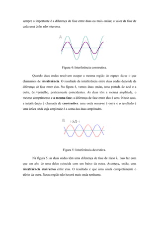 sempre o importante é a diferença de fase entre duas ou mais ondas; o valor da fase de
cada uma delas não interessa.
Figura 4: Interferência construtiva.
Quando duas ondas resolvem ocupar a mesma região do espaço dá-se o que
chamamos de interferência. O resultado da interferência entre duas ondas depende da
diferença de fase entre elas. Na figura 4, vemos duas ondas, uma pintada de azul e a
outra, de vermelho, praticamente coincidentes. As duas têm a mesma amplitude, o
mesmo comprimento e a mesma fase; a diferença de fase entre elas é zero. Nesse caso,
a interferência é chamada de construtiva: uma onda soma-se à outra e o resultado é
uma única onda cuja amplitude é a soma das duas amplitudes.
Figura 5: Interferência destrutiva.
Na figura 5, as duas ondas têm uma diferença de fase de meio λ. Isso faz com
que um alto de uma delas coincida com um baixo da outra. Acontece, então, uma
interferência destrutiva entre elas. O resultado é que uma anula completamente o
efeito da outra. Nessa região não haverá mais onda nenhuma.
 