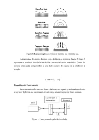 Figura 8: Representação dos pontos de máxima luz e mínima luz.
A intensidade dos pontos diminui com a distância ao centro da figura. A figura 8
apresenta as possíveis interferências devida a característica das superfícies. Pontos de
mesma intensidade correspondem a um dado número de ordem (n) e obedecem à
relação:
d senθ = nλ (4)
Procedimento Experimental
Primeiramente coloca-se um fio de cabelo em um suporte posicionado em frente
a um laser de forma que sua imagem projete-se no anteparo como na figura a seguir.
Figura x: Laser passando pelo fio de cabelo.
Laser
Suporte com o
fio de cabelo Anteparo
D
y
 
