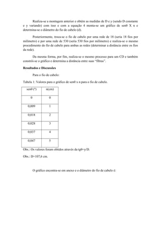 Realiza-se a montagem anterior e obtém as medidas de D e y (sendo D constante
e y variando) com isso e com a equação 4 monta-se um gráfico de senθ X n e
determina-se o diâmetro do fio de cabelo (d).
Posteriormente, troca-se o fio de cabelo por uma rede de 18 (seria 18 fios por
milímetro) e por uma rede de 530 (seria 530 fios por milímetro) e realiza-se o mesmo
procedimento do fio de cabelo para ambas as redes (determinar a distância entre os fios
da rede).
Da mesma forma, por fim, realiza-se o mesmo processo para um CD e também
constrói-se o gráfico e determina a distância entre suas “fibras”.
Resultados e Discussões
Para o fio de cabelo:
Tabela 1: Valores para o gráfico de senθ x n para o fio de cabelo.
senθ (º) n(cm)
0 0
0,009 1
0,018 2
0,028 3
0,037 4
0,047 5
Obs.: Os valores foram obtidos através da tgθ=y/D.
Obs.: D=107,6 cm.
O gráfico encontra-se em anexo e o diâmetro do fio de cabelo é:
 