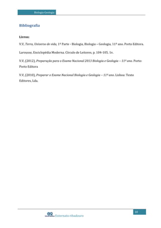 Biologia-Geologia

Bibliografia
Livros:
V.V, Terra, Universo de vida, 1º Parte - Biologia, Biologia – Geologia, 11º ano. Porto Editora.
Larousse, Enciclopédia Moderna. Círculo de Leitores. p. 104-105. 1v.
V.V, (2012), Preparação para o Exame Nacional 2013 Biologia e Geologia – 11º ano. Porto:
Porto Editora
V.V, (2010), Preparar o Exame Nacional Biologia e Geologia – 11º ano. Lisboa: Texto
Editores, Lda.

10

Externato ribadouro

 