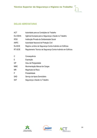 Técnico Superior de Segurança e Higiene no Trabalho
XIII
SIGLAS/ ABREVIATURAS
ACT Autoridade para as Condições do Trabalho
EU-OSHA Agência Europeia para a Segurança e Saúde no Trabalho
IPSS Instituição Privada de Solidariedade Social
ANPC Autoridade Nacional de Proteção Civil
RJ-SCIE Regime Jurídico de Segurança Contra Incêndio em Edifícios
RT-SCIE Regulamento Técnico de Segurança Contra Incêndio em Edifícios
C Consequência
E Exposição
GP Grau de Perigosidade
MMC Movimentação Manual de Cargas
MR Magnitude do Risco
P Probabilidade
SAD Serviço de Apoio Domiciliário
SST Segurança e Saúde no Trabalho
 