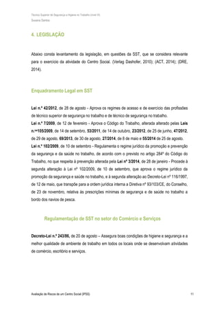 Técnico Superior de Segurança e Higiene no Trabalho (nível VI)
Susana Santos
Avaliação de Riscos de um Centro Social (IPSS) 11
4. LEGISLAÇÃO
Abaixo consta levantamento da legislação, em questões da SST, que se considera relevante
para o exercício da atividade do Centro Social. (Verlag Dashofer, 2010); (ACT, 2014); (DRE,
2014).
Enquadramento Legal em SST
Lei n.º 42/2012, de 28 de agosto - Aprova os regimes de acesso e de exercício das profissões
de técnico superior de segurança no trabalho e de técnico de segurança no trabalho.
Lei n.º 7/2009, de 12 de fevereiro - Aprova o Código do Trabalho, alterada alterado pelas Leis
n.os105/2009, de 14 de setembro, 53/2011, de 14 de outubro, 23/2012, de 25 de junho, 47/2012,
de 29 de agosto, 69/2013, de 30 de agosto, 27/2014, de 8 de maio e 55/2014 de 25 de agosto.
Lei n.º 102/2009, de 10 de setembro - Regulamenta o regime jurídico da promoção e prevenção
da segurança e da saúde no trabalho, de acordo com o previsto no artigo 284º do Código do
Trabalho, no que respeita à prevenção alterada pela Lei nº 3/2014, de 28 de janeiro - Procede à
segunda alteração à Lei nº 102/2009, de 10 de setembro, que aprova o regime jurídico da
promoção da segurança e saúde no trabalho, e à segunda alteração ao Decreto-Lei nº 116/1997,
de 12 de maio, que transpõe para a ordem jurídica interna a Diretiva nº 93/103/CE, do Conselho,
de 23 de novembro, relativa às prescrições mínimas de segurança e de saúde no trabalho a
bordo dos navios de pesca.
Regulamentação de SST no setor do Comércio e Serviços
Decreto-Lei n.º 243/86, de 20 de agosto – Assegura boas condições de higiene e segurança e a
melhor qualidade de ambiente de trabalho em todos os locais onde se desenvolvam atividades
de comércio, escritório e serviços.
 