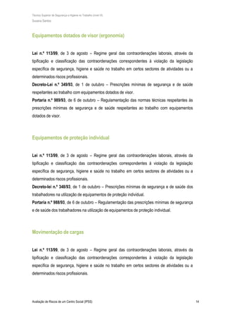 Técnico Superior de Segurança e Higiene no Trabalho (nível VI)
Susana Santos
Avaliação de Riscos de um Centro Social (IPSS) 14
Equipamentos dotados de visor (ergonomia)
Lei n.º 113/99, de 3 de agosto – Regime geral das contraordenações laborais, através da
tipificação e classificação das contraordenações correspondentes à violação da legislação
específica de segurança, higiene e saúde no trabalho em certos sectores de atividades ou a
determinados riscos profissionais.
Decreto-Lei n.º 349/93, de 1 de outubro – Prescrições mínimas de segurança e de saúde
respeitantes ao trabalho com equipamentos dotados de visor.
Portaria n.º 989/93, de 6 de outubro – Regulamentação das normas técnicas respeitantes às
prescrições mínimas de segurança e de saúde respeitantes ao trabalho com equipamentos
dotados de visor.
Equipamentos de proteção individual
Lei n.º 113/99, de 3 de agosto – Regime geral das contraordenações laborais, através da
tipificação e classificação das contraordenações correspondentes à violação da legislação
específica de segurança, higiene e saúde no trabalho em certos sectores de atividades ou a
determinados riscos profissionais.
Decreto-lei n.º 348/93, de 1 de outubro – Prescrições mínimas de segurança e de saúde dos
trabalhadores na utilização de equipamentos de proteção individual.
Portaria n.º 988/93, de 6 de outubro – Regulamentação das prescrições mínimas de segurança
e de saúde dos trabalhadores na utilização de equipamentos de proteção individual.
Movimentação de cargas
Lei n.º 113/99, de 3 de agosto – Regime geral das contraordenações laborais, através da
tipificação e classificação das contraordenações correspondentes à violação da legislação
específica de segurança, higiene e saúde no trabalho em certos sectores de atividades ou a
determinados riscos profissionais.
 