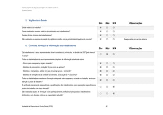 Técnico Superior de Segurança e Higiene no Trabalho (nível VI)
Susana Santos
Avaliação de Riscos de um Centro Social (IPSS) 40
3. Vigilância da Saúde
Sim Não N/A Observações
Existe médico do trabalho? ☒ ☐ ☐
Foram realizados exames médicos de admissão aos trabalhadores? ☒ ☐ ☐
Existem fichas clínicas dos trabalhadores? ☒ ☐ ☐
São realizados os exames de saúde de vigilância médica com a periodicidade legalmente prevista? ☒ ☐ ☐ Assegurados por serviço externo
4. Consulta, formação e informação aos trabalhadores
Sim Não N/A Observações
Os trabalhadores e seus representantes foram consultados, por escrito, no âmbito da SST (pelo menos
1x ano)?
☐ ☒ ☐
Todos os trabalhadores e seus representantes dispõem de informação atualizada sobre:
- Riscos para a segurança e para a saúde? ☒ ☐ ☐
- Medidas de prevenção e proteção/ forma como se aplicam? ☒ ☐ ☐
- Medidas e instruções a adotar em caso de perigo grave e eminente? ☒ ☐ ☐
- Medidas de emergência de combate a incêndios, evacuação e 1ºs socorros? ☒ ☐ ☐
Todos os trabalhadores receberam formação adequada sobre segurança e saúde no trabalho, tendo em
atenção o posto de trabalho?
☒ ☐ ☐
É verificada previamente a experiência e qualificações dos trabalhadores, para operações específicas ou
postos de trabalho com risco elevado?
☐ ☐ ☒
São realizadas ações de formação e de aperfeiçoamento profissional adequadas a trabalhadores
deficientes, com doença crónica, ou capacidade reduzida?
☐ ☐ ☒
 