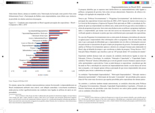 Empreendedorismo no Brasil 2010
                                                                                                                                  A pesquisa identifica que os aspectos mais desfavoráveis ao empreendedorismo estão ligados a
                                                                                                                                  políticas e programas de governo, bem como serviços educacionais, financeiros, de ciência e tec-
Além destes fatores, destaca-se também com a Valorização da Inovação como positivo bem como                                       nologia e de regulação da competição no País.
Infraestrutura Física1 e Participação da Mulher como empreendedora, neste último caso, inclusive,
já percebido em edições anteriores da pesquisa.                                                                                   Nota-se que “Políticas Governamentais” e “Programas Governamentais” são desfavoráveis e na
                                                                                                                                  percepção dos especialistas tiveram uma baixa de 2002 a 2010. Apesar de citarem como avanços a
Figura 4.1 – Condições para empreender no Brasil segundo percepção dos especialistas – Brasil –                                   Lei Geral da Microempresa e Empresa de Pequeno Porte aprovada em 2006 e a introdução de Pro-
Comparativo 2002 e 2010
                                                                                                                                  gramas de apoio ao empreendedor nos últimos anos, ainda assim há um gap entre a necessidade e a
                                                                                                                                  oferta de programas do governo, bem como uma distância entre as políticas e programas implemen-
                                                                                                                                  tados e o empreendedor, que muitas vezes não tem acesso aos mecanismos criados. Isto pode ser
                                                                                                                                  verificado quando se destacam os pontos que mais contribuíram para a percepção dos especialistas.

                                                                                                                                  No caso dos Programas Governamentais tem-se como ponto de destaque a inexistência de uma úni-
                                                                                                                                  ca agência para o empreendedor obter informações sobre os programas. Dito de outra forma, nada
                                                                                                                                  mais é que a percepção da dificuldade que o empreendedor tem em obter as informações necessá-
                                                                                                                                  rias para acessar os mecanismos de apoio criados por programas de governo. Novamente quando se
                                                                                                                                  analisa as Políticas Governamentais aparece a demora em conseguir licenças para empreender no
                                                                                                                                  Brasil, algo já debatido há tempos e que corroboram os dados da pesquisa “Doing Business 2011”
                                                                                                                                  feita pelo Banco Mundial e que classifica o país na 128ª posição dentre 183 economias do mundo.2

                                                                                                                                  Importante também destacar todo um conjunto de condições desfavoráveis ligadas às áreas da
                                                                                                                                  Educação, Ciência e Tecnologia. As condições “Educação e Capacitação” e “Capacidade Empre-
                                                                                                                                  endedora: Potencial” denota a dificuldade que se tem de garantir recursos humanos capazes de per-
                                                                                                                                  ceber oportunidades e aproveitá-las. Como se pode destacar os especialistas consideram que não
                                                                                                                                  há ainda no País a introdução de conceitos de empreendedorismo desde a escola básica até níveis
                                                                                                                                  mais avançados, e tal situação apenas reforça a percepção de que nosso empreendedor não possui
                                                                                                                                  condições para iniciar e administrar um negócio.

                                                                                                                                  As condições “Oportunidade Empreendedora”, “Motivação Empreendedora”, “Mercado: interno e
                                                                                                                                  dinamismo/oportunidade” e Valorização da Inovação: Consumidor” são percebidas pelos especia-
                                                                                                                                  listas do País como mais favoráveis que aquelas percebidas pelos especialistas dos demais países.
Fonte: Pesquisa GEM Brasil 2010
                                                                                                                                  Ao contrário, e conforme também tratado anteriormente, as condições oferecidas pelas Políticas
No entanto, apesar das condições macroeconômicas estarem favorecendo o empreendedorismo no
                                                                                                                                  e Programas Governamentais, Educação, Capacidade Empreendedora, Legislação, e Proteção aos
Brasil (notadamente ambiente mais estável, com inflação controlada e crescimento econômico),
                                                                                                                                  Direitos Intelectuais são percebidas como mais favoráveis nos outros países quando comparadas
ainda precisa evoluir significativamente nas condições mais ligadas às políticas de apoio ao em-
                                                                                                                                  com as condições oferecidas no Brasil.
preendedor.
1           Deve-se destacar o fato de que este fator é influenciado pela questão de infraestrutura ligada a serviços básicos
como energia, gás, água e esgoto. Quando se separa o fator tem-se, por exemplo, uma percepção desfavorável (negativa)             2           Embora se deva relativizar os dados da Pesquisa por se tratar de uma amostra reduzida e que considera que se
para o custo de acesso a serviços de comunicação (telefone, internet, etc.) corroborando pesquisas realizadas que apontam o       leva 120 dias para abrir uma empresa no País, não se pode ignorar a dificuldade que o empresário ainda enfrenta para for-
Brasil como tendo dos custos mais altos na ligação de um aparelho celular. Portanto, deve-se relativizar o fator infraestrutura   malizar o seu empreendimento. Apesar de avanços como o citado Cadastro Sincronizado pela pesquisa, ainda há burocracia
física como favorável ao empreendedorismo.                                                                                        excessiva no processo de abertura de empresas.

                                                                                                                                                                                                                                                     13
 