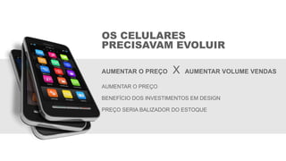 OS CELULARES
PRECISAVAM EVOLUIR
AUMENTAR O PREÇO
BENEFÍCIO DOS INVESTIMENTOS EM DESIGN
PREÇO SERIA BALIZADOR DO ESTOQUE
AUMENTAR O PREÇO X AUMENTAR VOLUME VENDAS
 