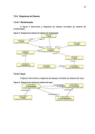                                                                              23	
  



7.2.4 Diagramas de Classes


7.2.4.1 Renderização

        A figura 4 demonstra o diagrama de classes vinculado ao sistema de
renderização.

Figura 4 - Diagrama de classes do sistema de renderização




7.2.4.2 Input

        A figura 5 demonstra o diagrama de classes vinculado ao sistema de input.

Figura 5 - Diagrama de classes do sistema de input
 