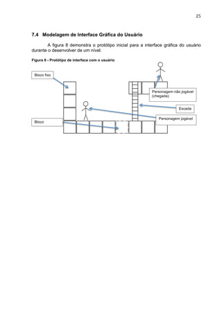                                                                                  25	
  



7.4 Modelagem de Interface Gráfica do Usuário

        A figura 8 demonstra o protótipo inicial para a interface gráfica do usuário
durante o desenvolver de um nível.

Figura 8 - Protótipo de interface com o usuário



       Bloco fixo



                                                           Personagem não jogável
                                                           (chegada)


                                                                         Escada

                                                               Personagem jogável
       Bloco
       interativo
 